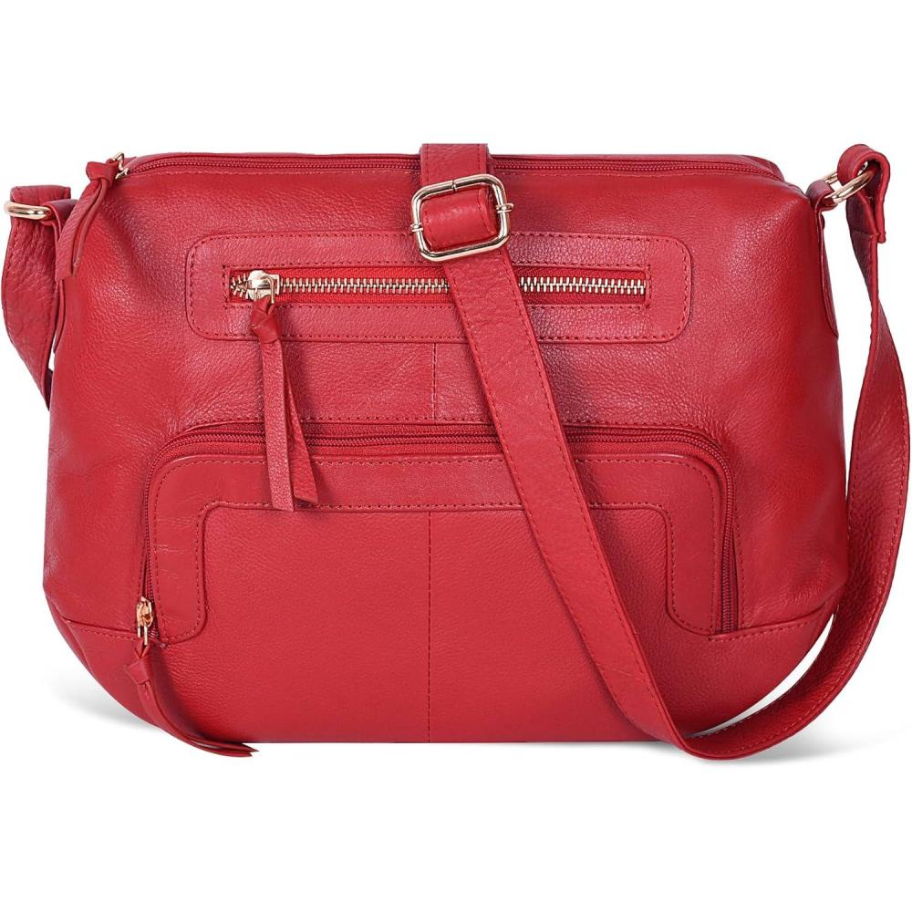 Oak Leathers Women’s Crossbody Bag – Genuine Leather Crossover Shoulder Purse With Adjustable Sling Strap – Medium Size(Nappa Red)