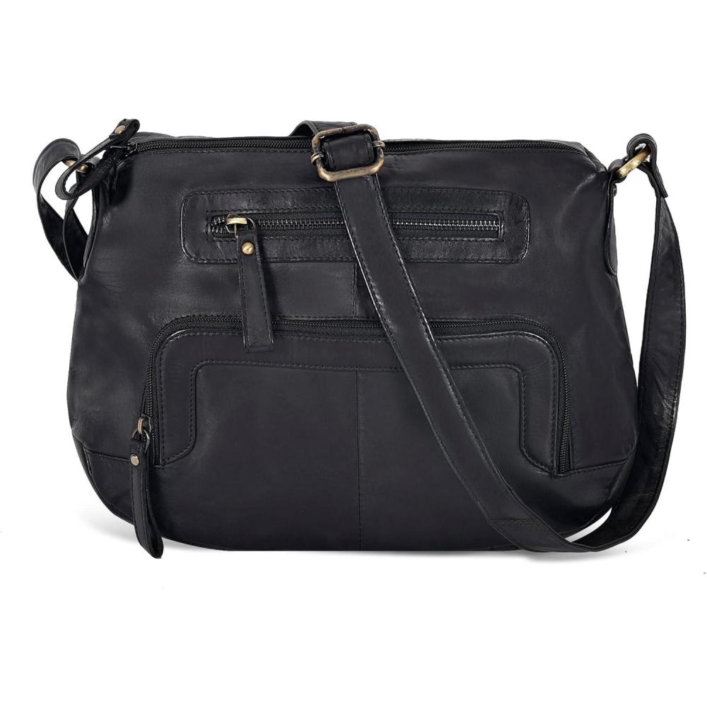 Oak Leathers Women’s Crossbody Bag – Genuine Leather Crossover Shoulder Purse With Adjustable Sling Strap – Medium Size(Nappa Black)