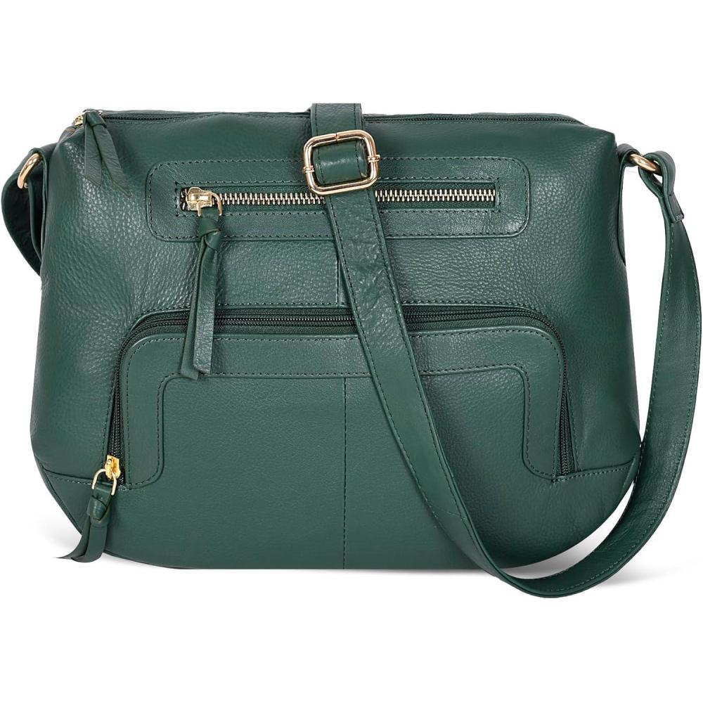 Oak Leathers Women’s Crossbody Bag – Genuine Leather Crossover Shoulder Purse With Adjustable Sling Strap – Medium Size(Nappa Dark Green)