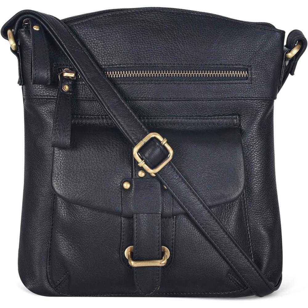 Oak Leathers Leather Crossbody Bag For Women With Adjustable Sling Strap – Medium Size Crossover Shoulder Handbag Purse(Black Smooth)