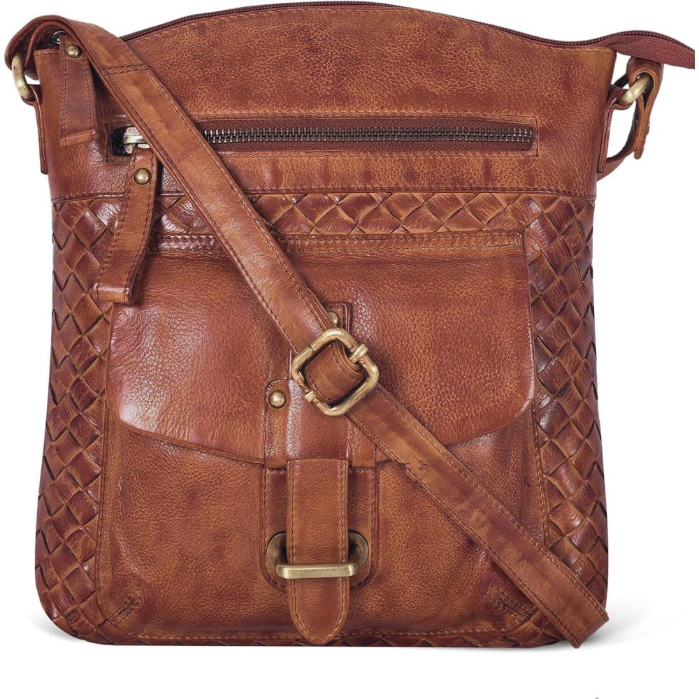 Oak Leathers Leather Crossbody Bag For Women With Adjustable Sling Strap – Medium Size Crossover Shoulder Handbag Purse(Tan Medium Weaving)