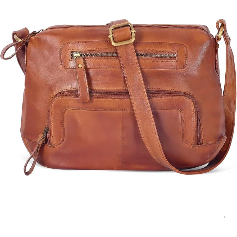 Oak Leathers Women’s Crossbody Bag – Genuine Leather Crossover Shoulder Purse With Adjustable Sling Strap – Medium Size(Tan)