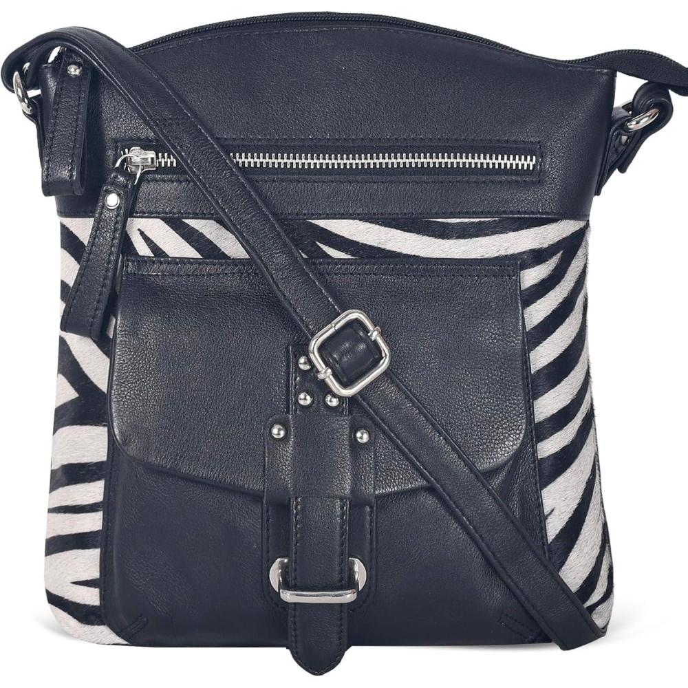 Oak Leathers Leather Crossbody Bag For Women With Adjustable Sling Strap – Medium Size Crossover Shoulder Handbag Purse(Black/Zebra)