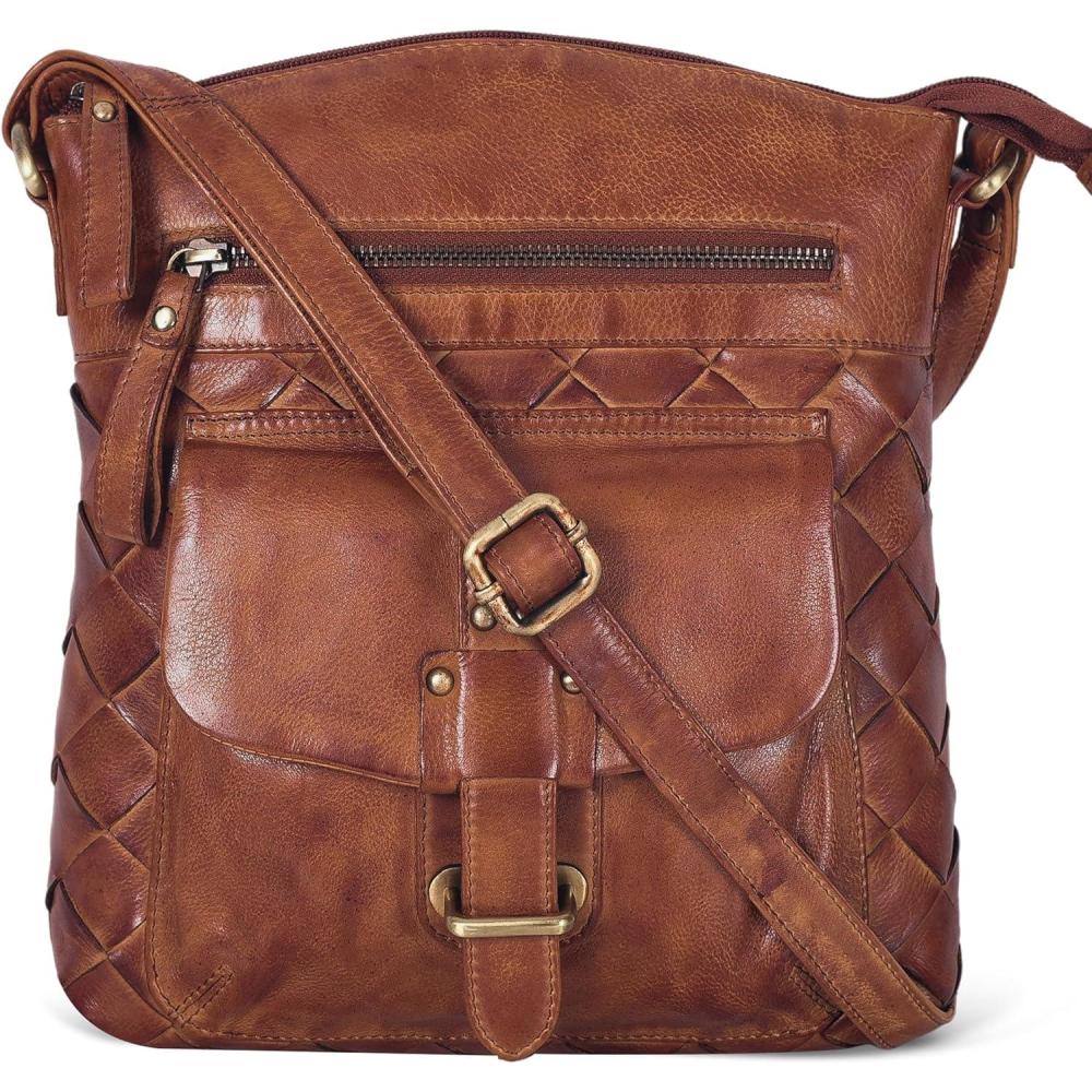 Oak Leathers Leather Crossbody Bag For Women With Adjustable Sling Strap – Medium Size Crossover Shoulder Handbag Purse(Tan Large Weaving)