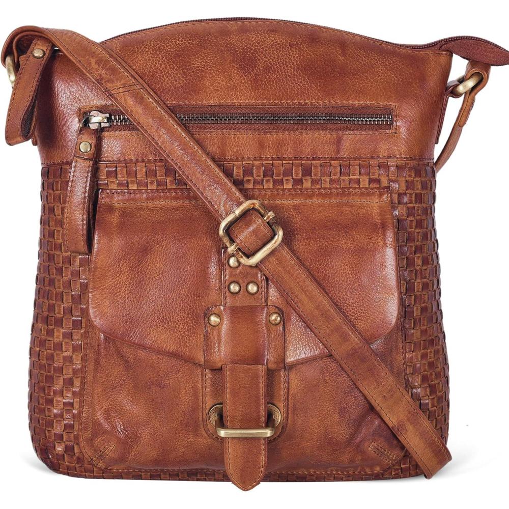 Oak Leathers Leather Crossbody Bag For Women With Adjustable Sling Strap – Medium Size Crossover Shoulder Handbag Purse(Small Weaving Tan)