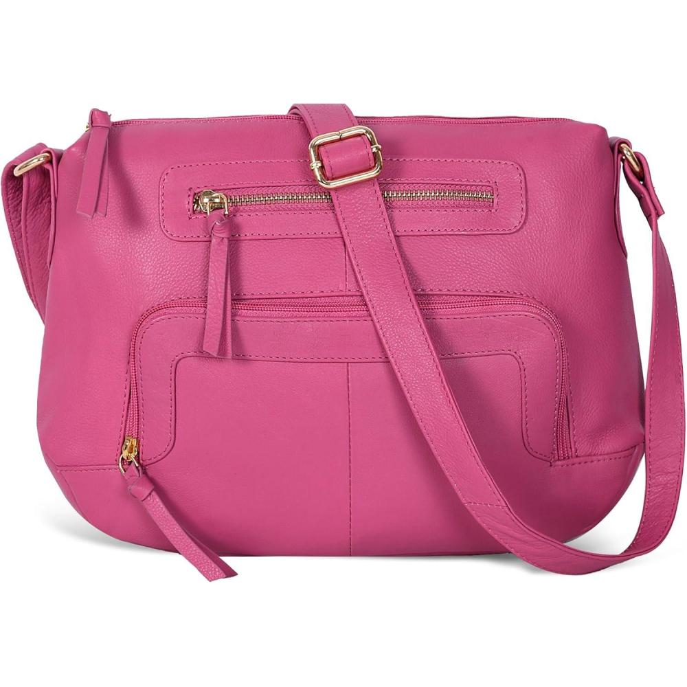 Oak Leathers Women’s Crossbody Bag – Genuine Leather Crossover Shoulder Purse With Adjustable Sling Strap – Medium Size(Nappa Pink)