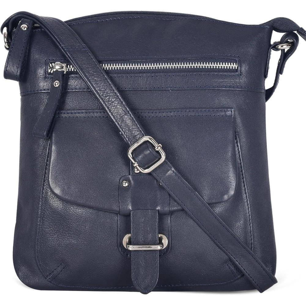 Oak Leathers Leather Crossbody Bag For Women With Adjustable Sling Strap – Medium Size Crossover Shoulder Handbag Purse(Navy Smooth)