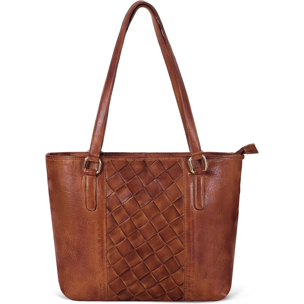 Leather Purse For Women – Real Leather Tote For Women – Ladies Shoulder Handbag For Work, Travel, Casual Use(Tan Large Weaving)