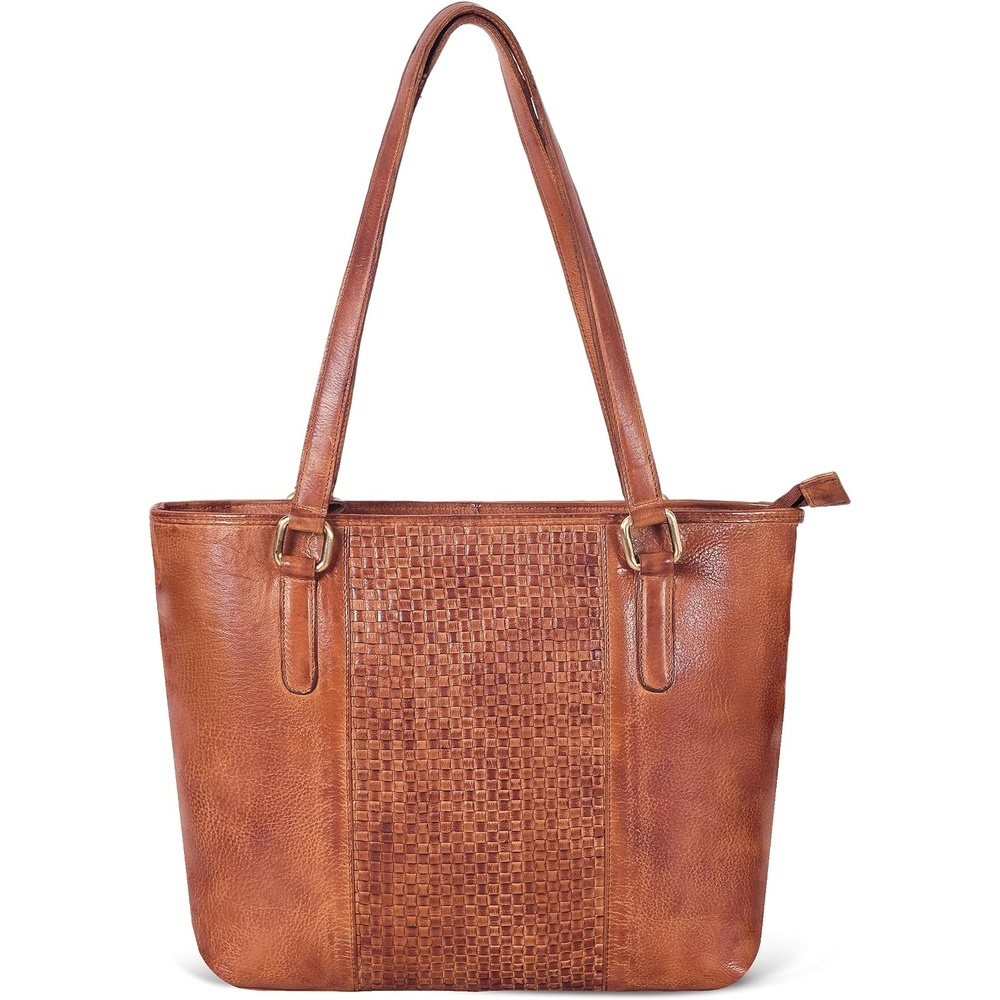 Leather Purse For Women – Real Leather Tote For Women – Ladies Shoulder Handbag For Work, Travel, Casual Use(Tan Small Weaving)